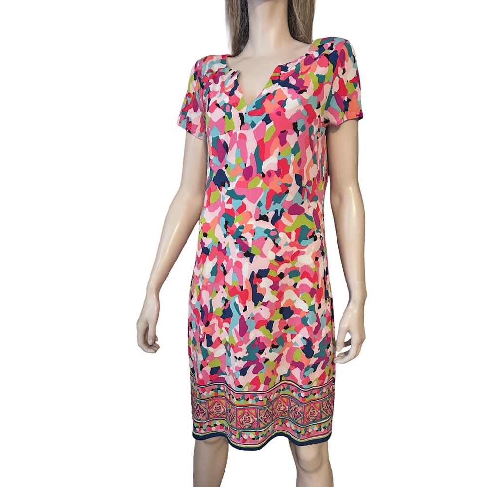 Cappagallo Shift Dress Abstract Print Jersey Knit Colourful Fun V-Neck